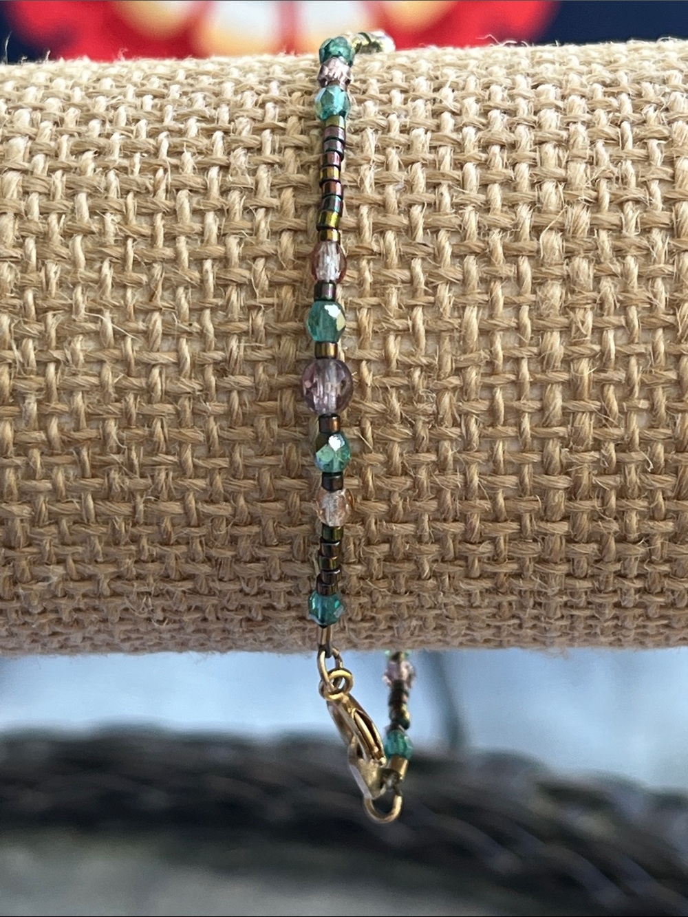 Vintage Holly Yashi Gold-Tone Bracelet with Green and Pink Beads